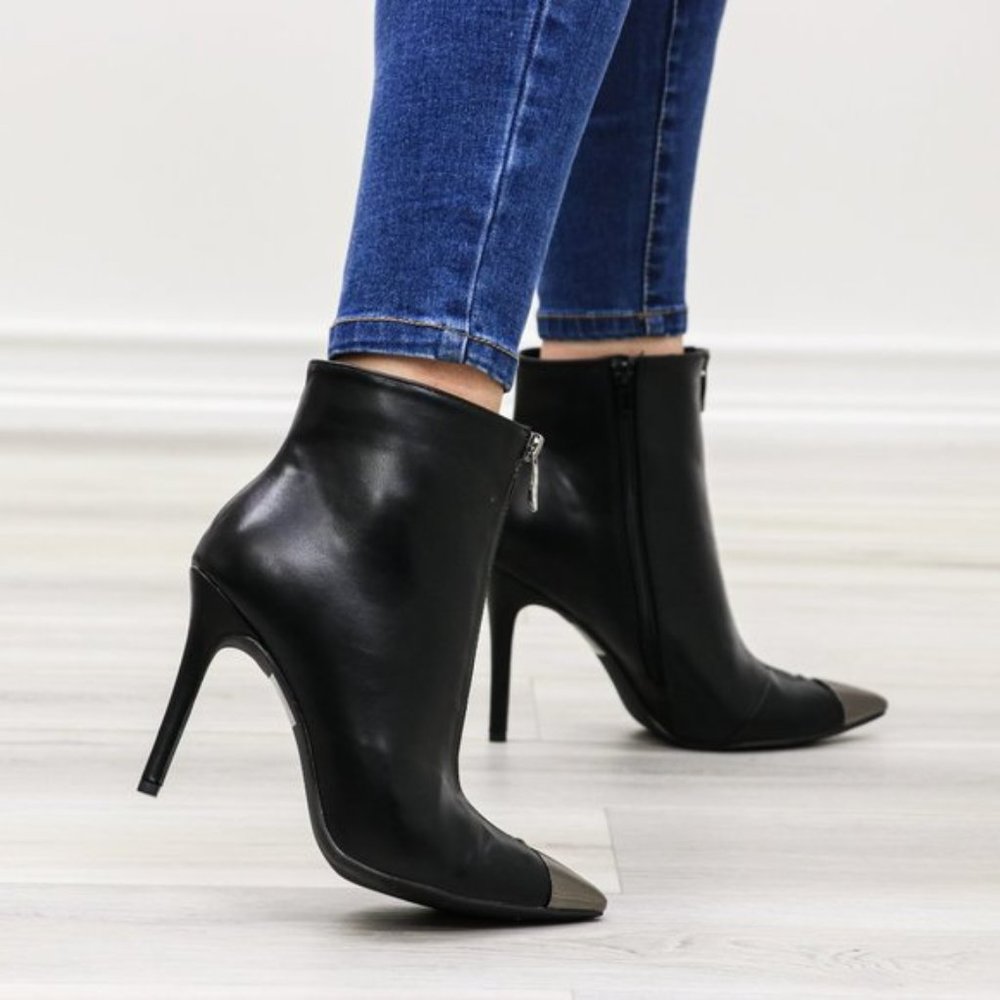 Pointy Toe Ankle Black Boots Faux Leather - Picture 13 of 14